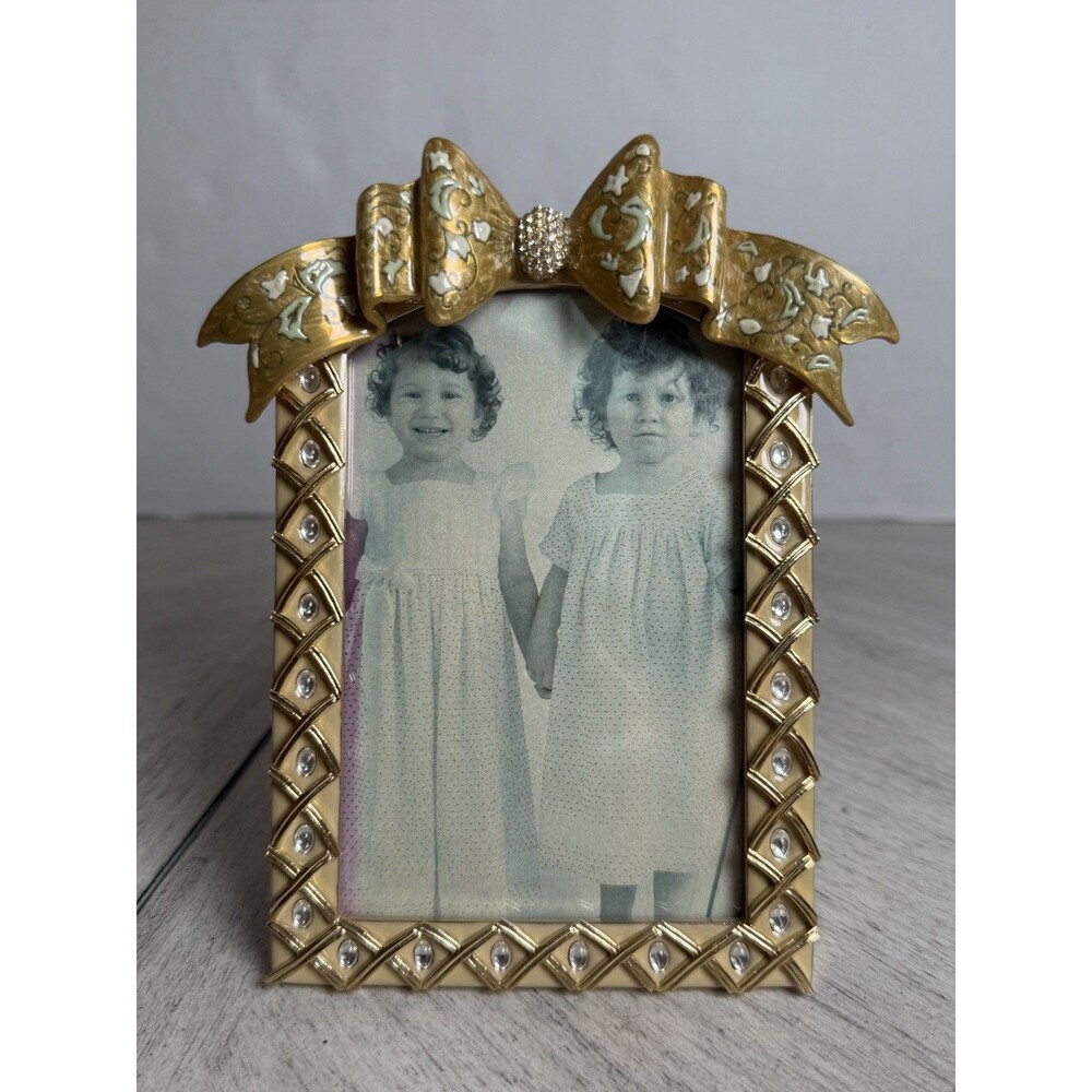 Vintage Wendy Reed 22K Gold Plated Enamel Bow Picture Frame Swarovski Crystal
